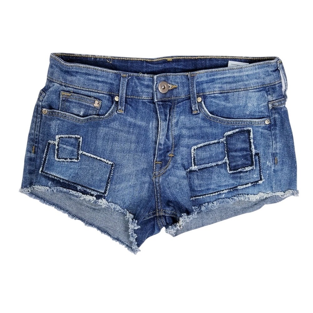 Womens Patchwork Cut Off Denim Jean Shorts Size 2 Medium Wash Mid Rise H&M